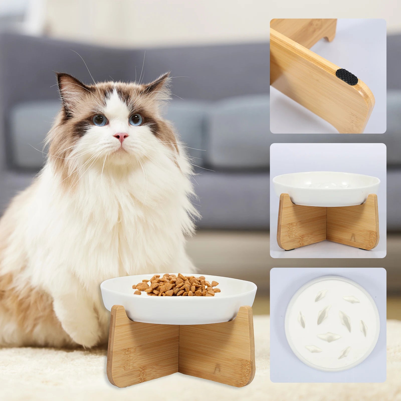 Raised Cat Bowl Elevated Cat Bowls with Wood Stand Ceramic Slow Feeder Bowl Cat Feeding Bowl anti Vomiting Cat Food Bowl Non-Sli