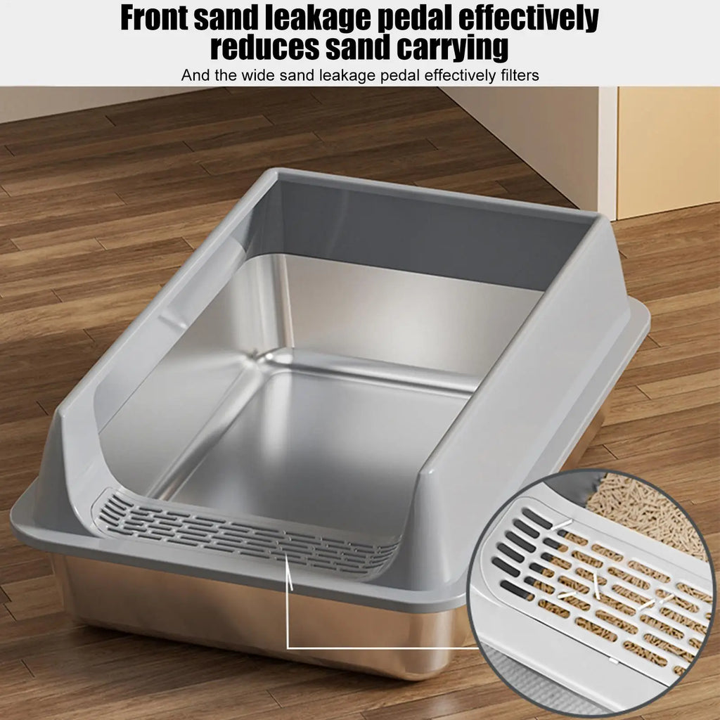 Large Stainless Steel Cat Litter Box with Deep Design and Semi-Closed Structure, Includes Scoop and Litter Shovel