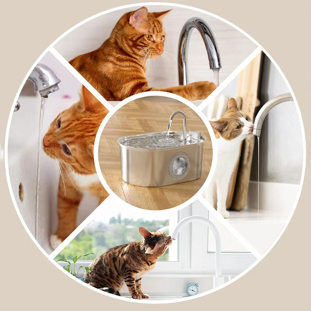 Stainless Steel Cat Fountain Automatic Pet Water Feeder Viewing Window Pet Water Dispenser Accessories Smart Cat Drinking Bowl