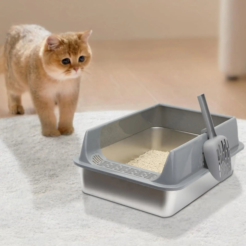 Large Stainless Steel Cat Litter Box with Deep Design and Semi-Closed Structure, Includes Scoop and Litter Shovel