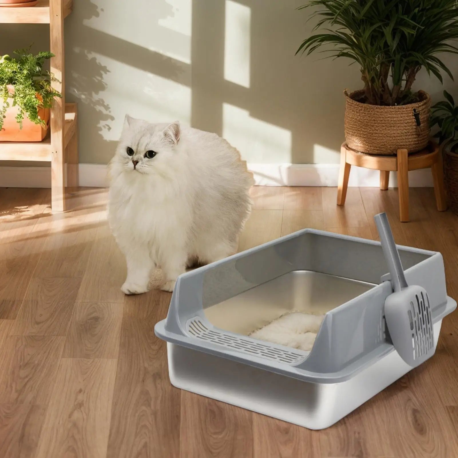 Large Stainless Steel Cat Litter Box with Deep Design and Semi-Closed Structure, Includes Scoop and Litter Shovel