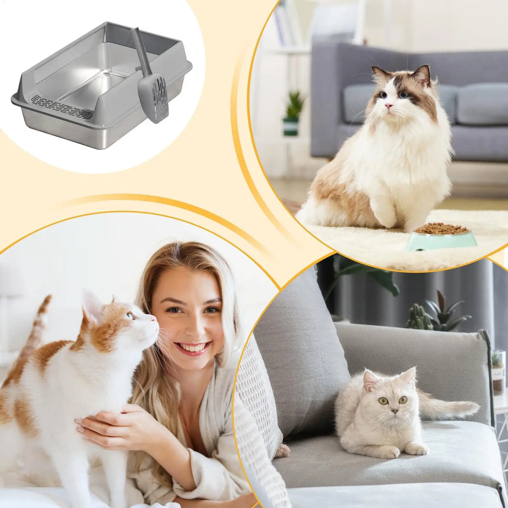 Large Stainless Steel Cat Litter Box with Deep Design and Semi-Closed Structure, Includes Scoop and Litter Shovel