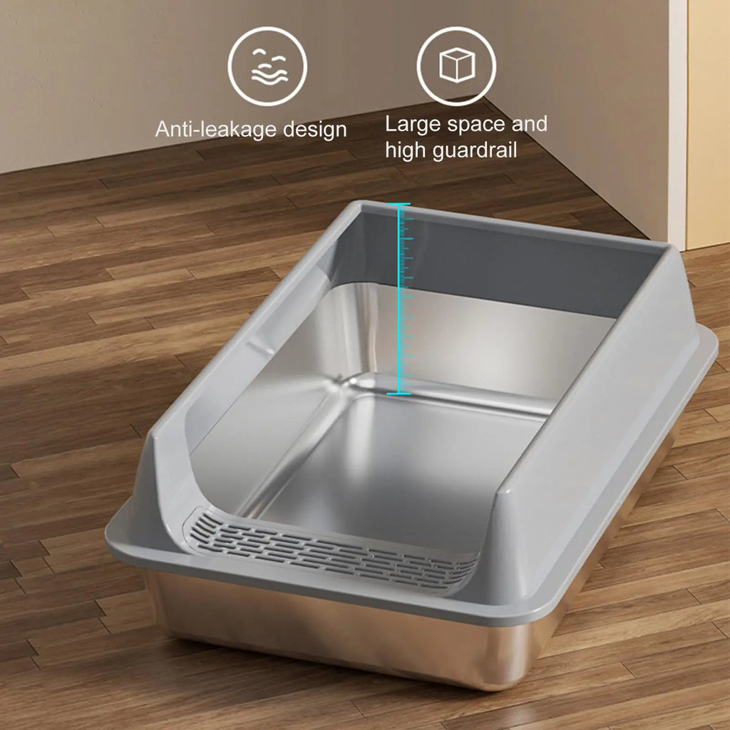 Large Stainless Steel Cat Litter Box with Deep Design and Semi-Closed Structure, Includes Scoop and Litter Shovel