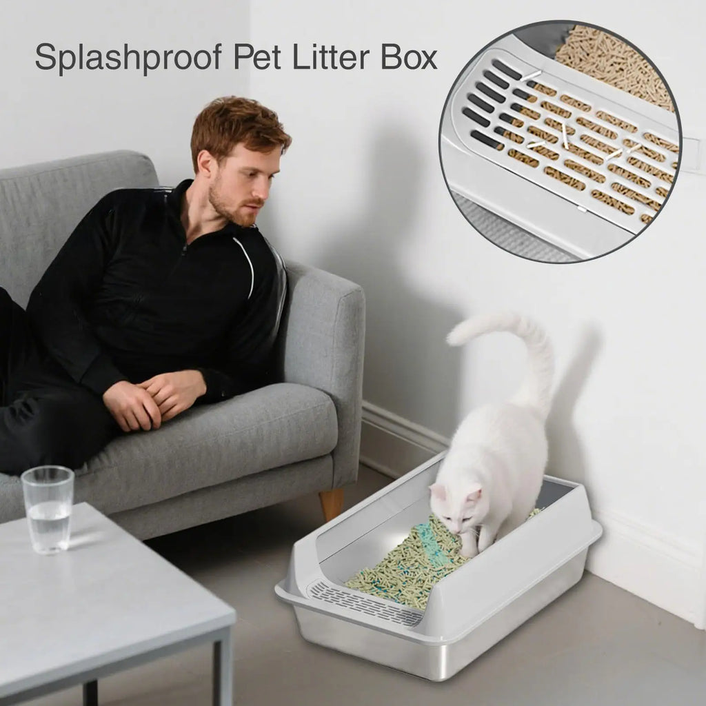 Large Stainless Steel Cat Litter Box with Deep Design and Semi-Closed Structure, Includes Scoop and Litter Shovel
