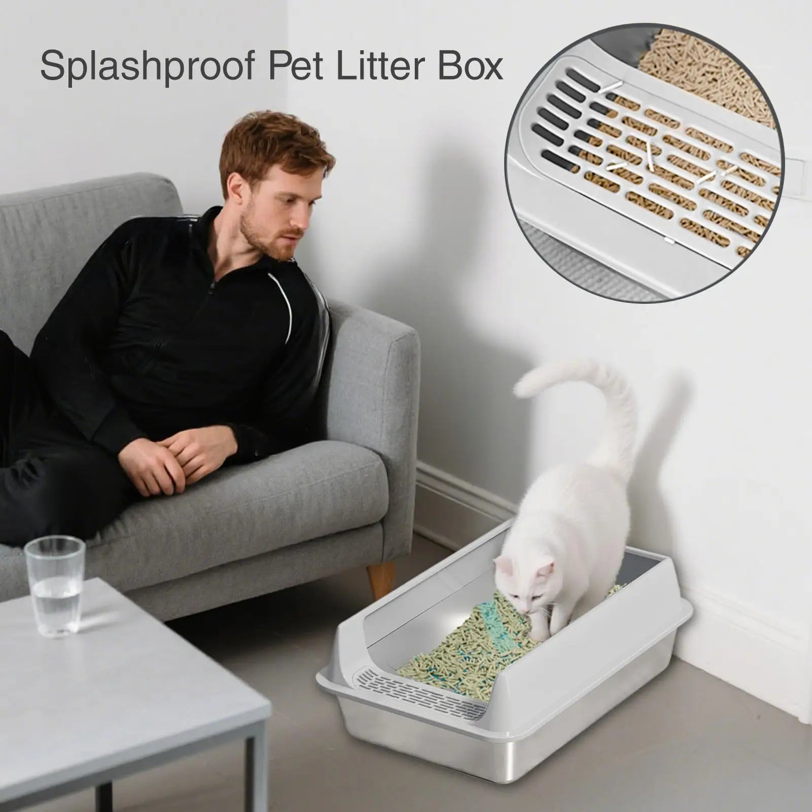 Large Stainless Steel Cat Litter Box with Deep Design and Semi-Closed Structure, Includes Scoop and Litter Shovel