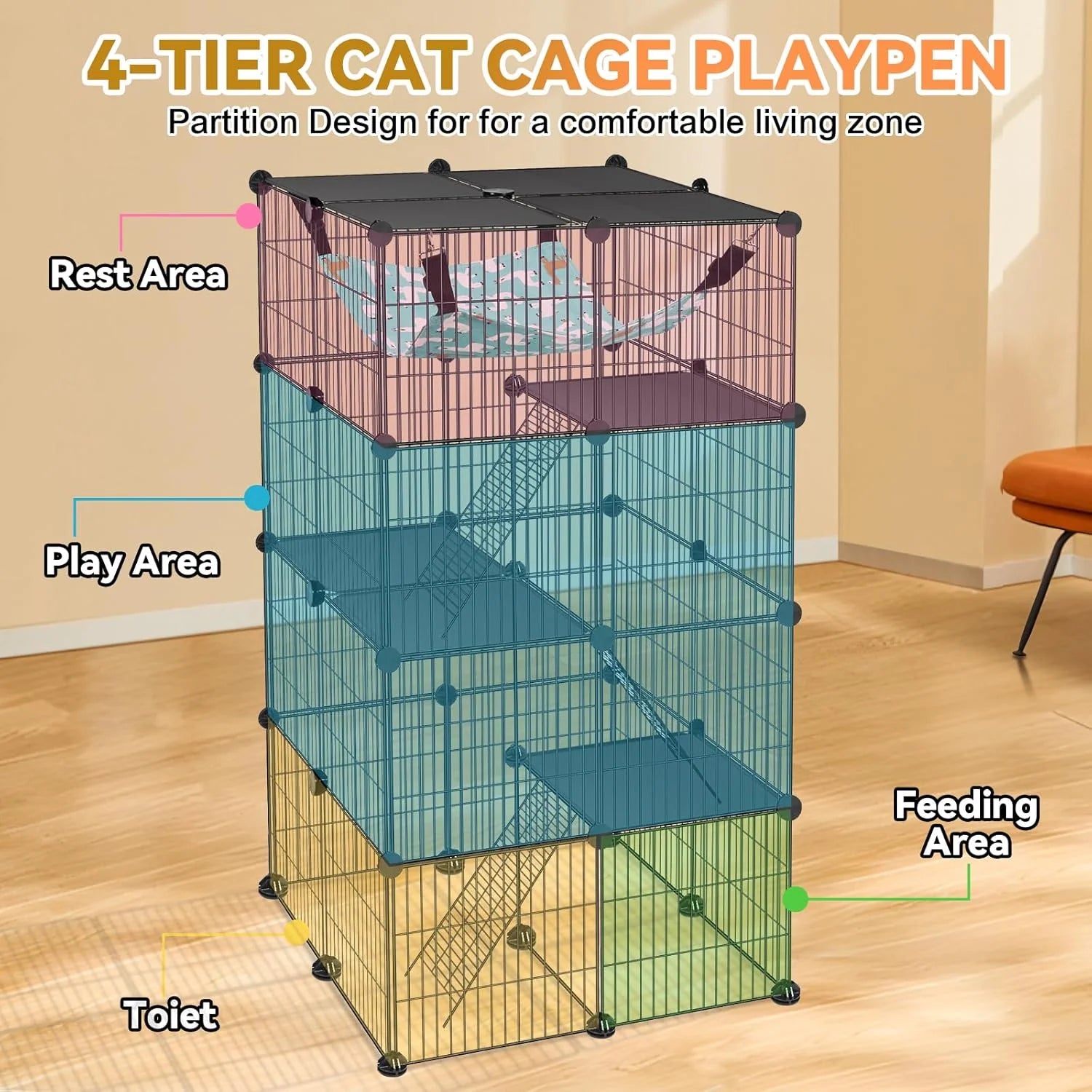 Cat Cage, 4-Tier DIY Cat Enclosures Catio, Cat Playpen Indoor & Outdoor with Hammock, Detachable Metal Wire Kennel Cats Crate, 2X2X4 Exercise Place for 1-3 Cats/Kitten