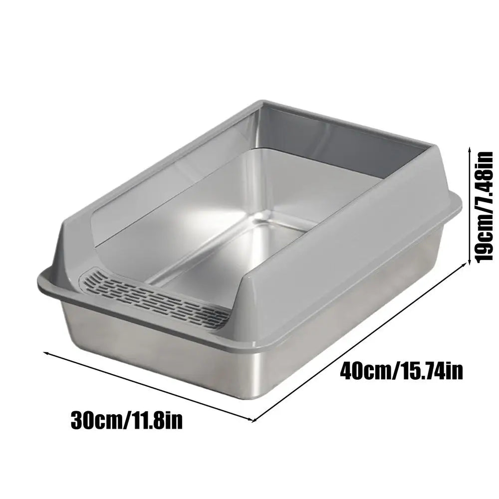 Large Stainless Steel Cat Litter Box with Deep Design and Semi-Closed Structure, Includes Scoop and Litter Shovel